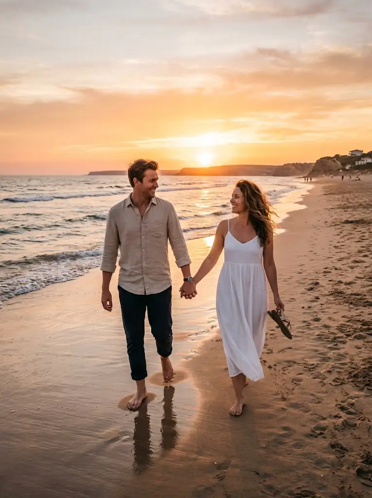 European couple walking on a beach at sunset, cinematic wide angle, warm tones