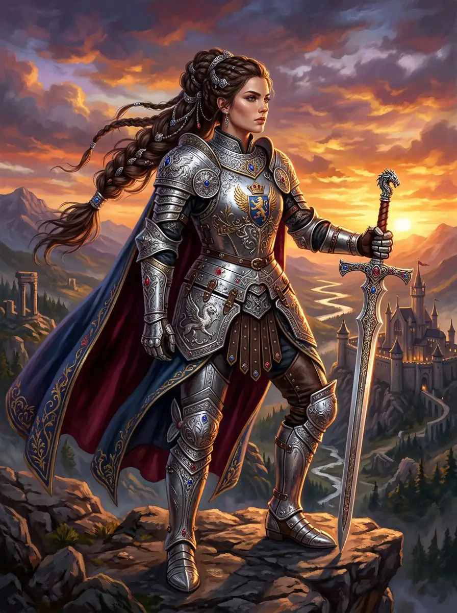 Fantasy warrior princess with detailed armor, European features, digital art