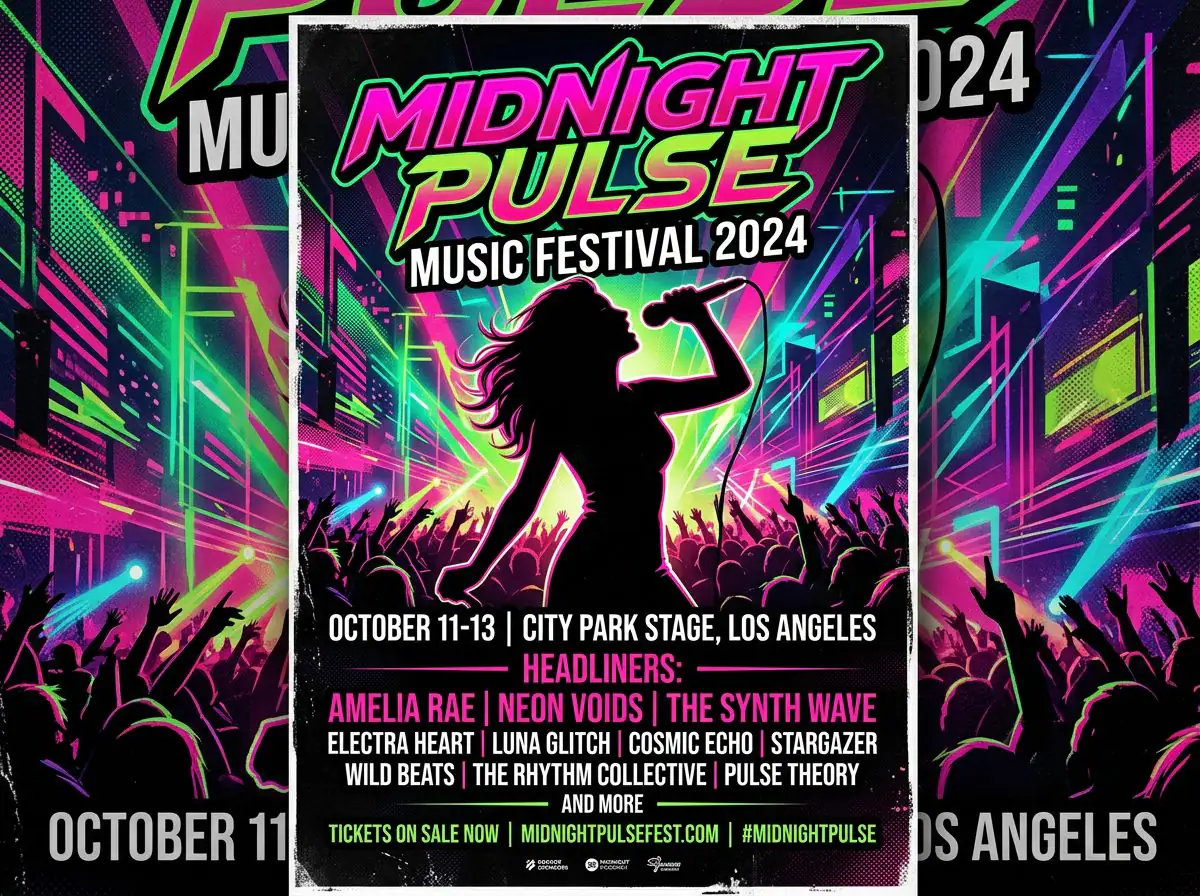 Minimalist music festival poster with silhouette of a singer, bold neon typography