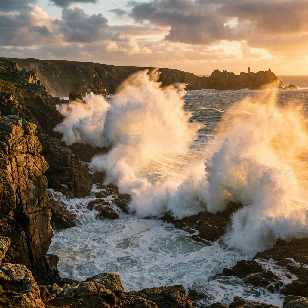 Ocean waves crashing against rocky cliffs at golden hour