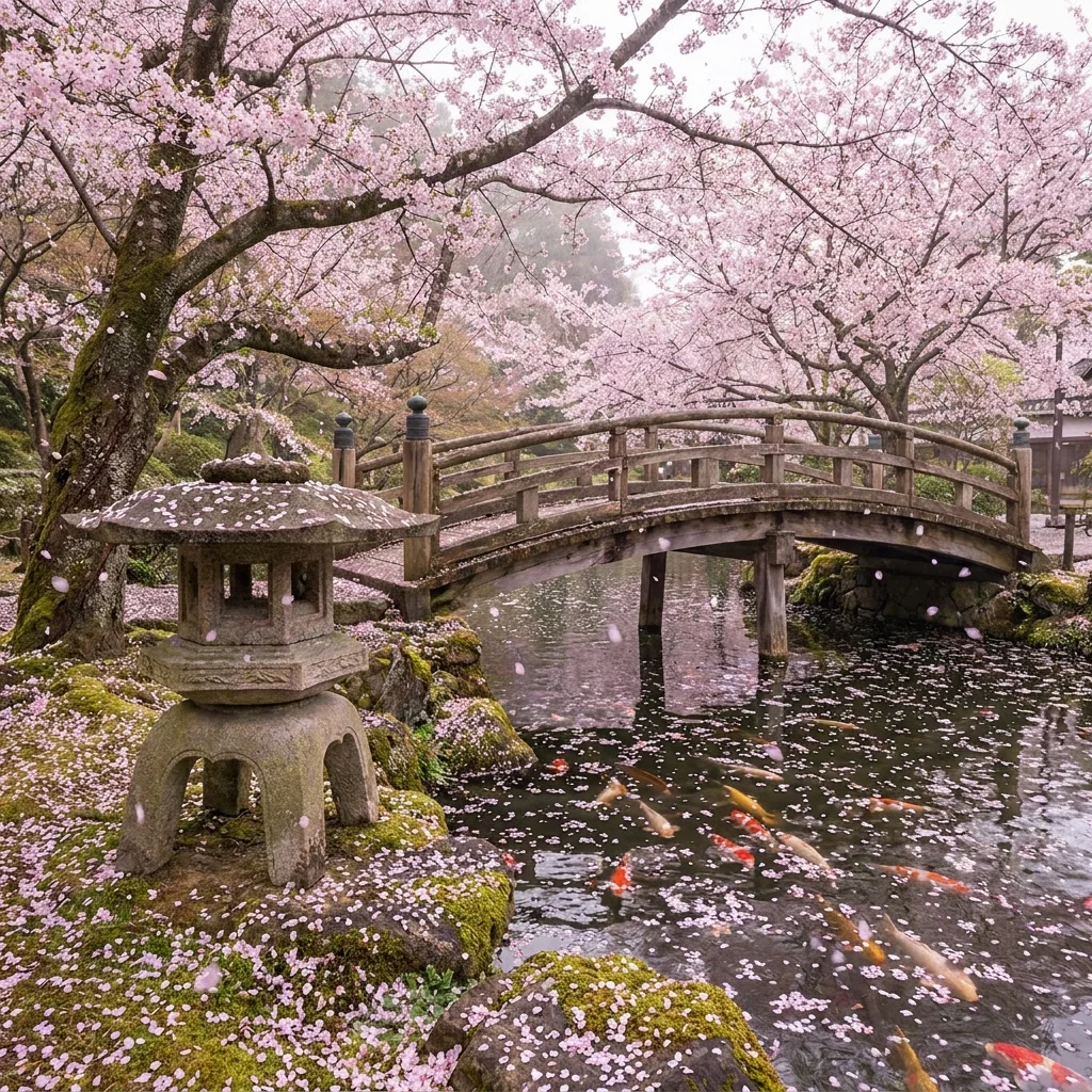 Time-lapse of cherry blossoms falling in a Japanese garden